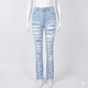 SHEIN Light Wash Heavy Distressed Flare Jeans-Ripped Knee Raw Hem Womens W26/L32